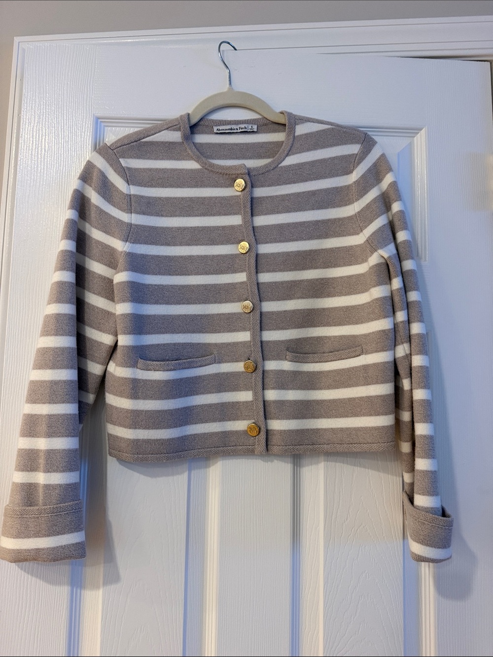 Abercrombie & Fitch Taupe and White Striped Gold-Button Cardigan